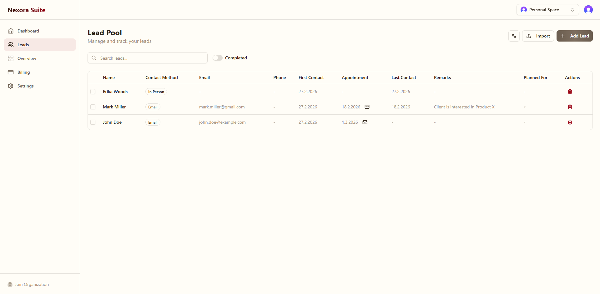 Leads management view